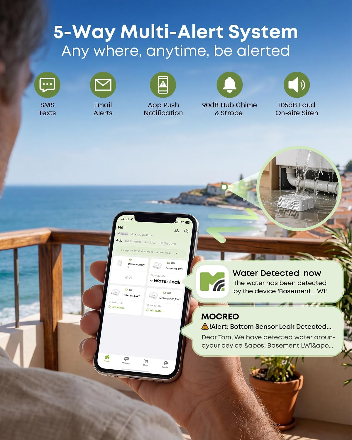 WiFi Water Leak Detector Kit, 2000ft Long Range, SMS App Email Alerts, 105dB Adjustable Alarm, Leak Severity Tracking, 5-Year Battery Life, 3 IP67 Water Leak Sensors for Home Basement Kitchen