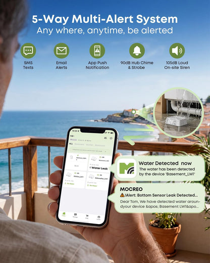 WiFi Water Leak Detector Kit, 2000ft Long Range, SMS App Email Alerts, 105dB Adjustable Alarm, Leak Severity Tracking, 5-Year Battery Life, 3 IP67 Water Leak Sensors for Home Basement Kitchen
