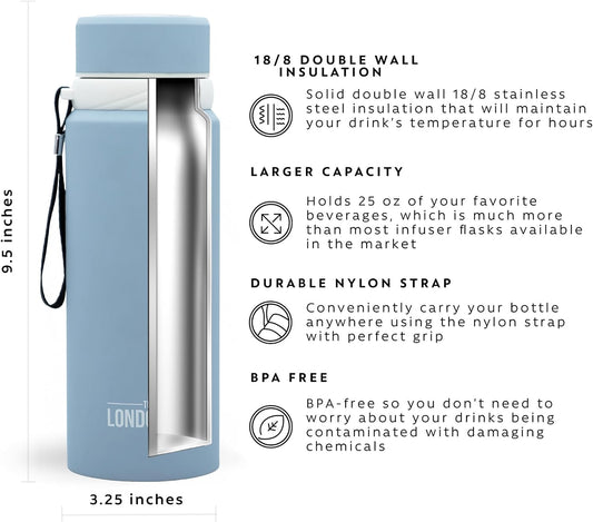 London Sip 25 oz Multi-Function Travel Mug and Tumbler Tea Infuser Water Bottle Fruit Infuser Flask Hot and Cold Double Wall Stainless Steel Coffee Thermos, Zen Black