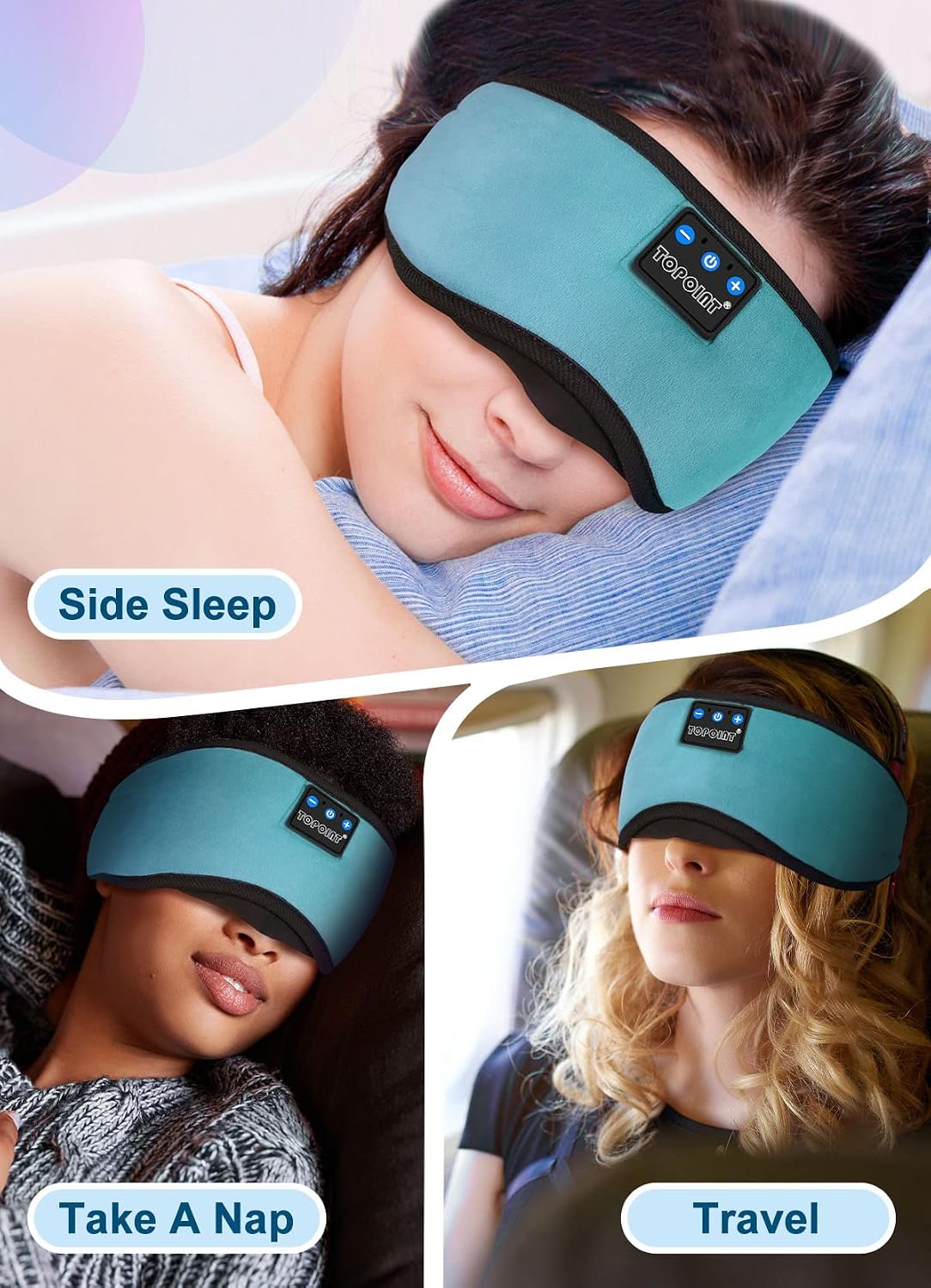 TOPOINT Sleep Mask Headphones Bluetooth Wireless 5.4, Breathable Cotton Eye Mask for Sleeping Side Sleepers Travel Music Headsets with Microphone Handsfree Men Women