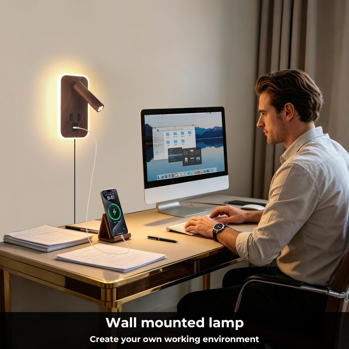 Plug in Wall Sconce with Wall Mounted Reading Lights with Switch | Wall Lamp for Bedroom with Charging Station USB C+A Ports,Bunk Bed Lights with 3W+9W Night Light,Walnut Color Reading Light