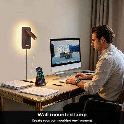 Plug in Wall Sconce with Wall Mounted Reading Lights with Switch | Wall Lamp for Bedroom with Charging Station USB C+A Ports,Bunk Bed Lights with 3W+9W Night Light,Walnut Color Reading Light