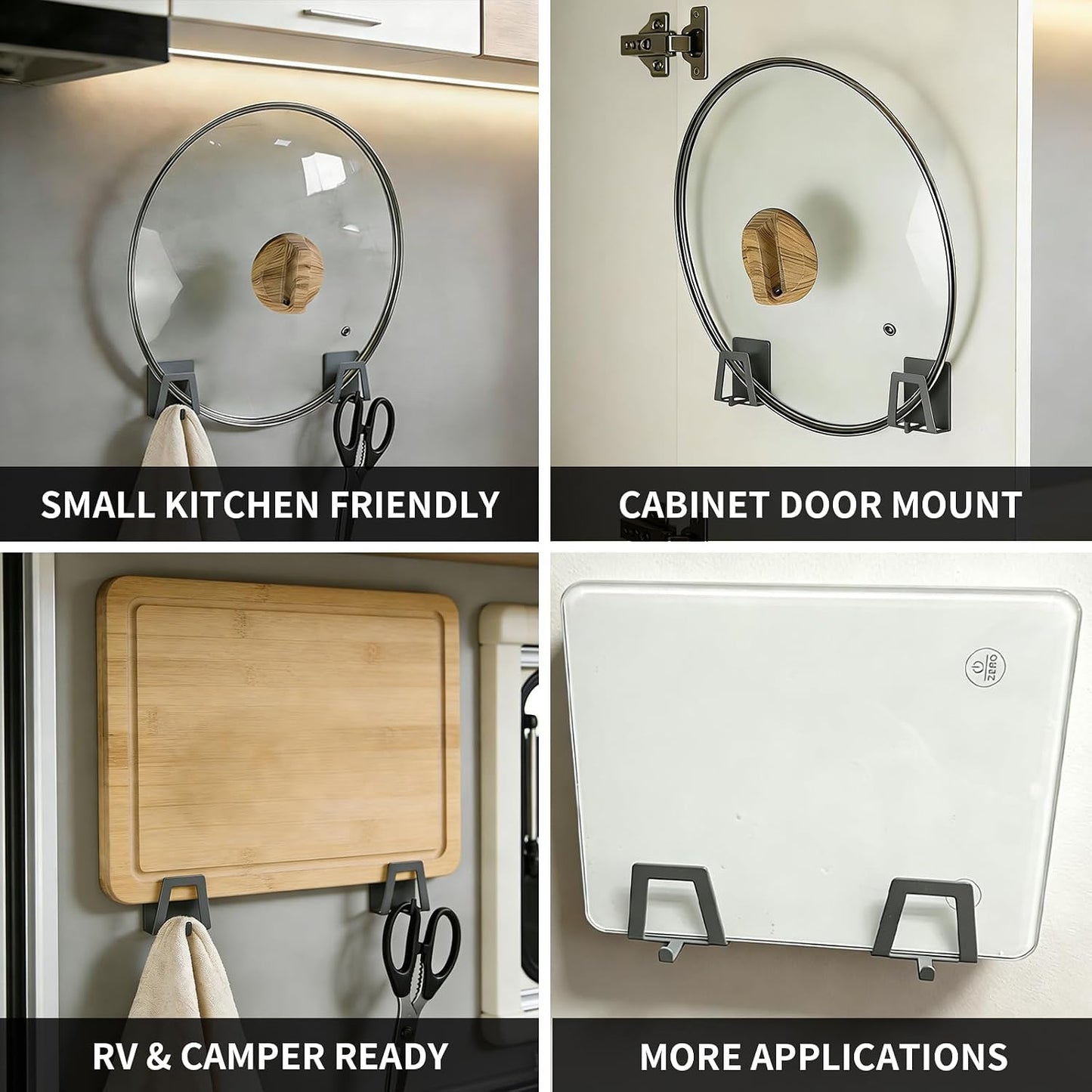 4 Pack Pot Lid Holders with Hook, Pot and Pan Hangers for Kitchen Inside Cabinet Wall Mount Rack Cabinet Door Lid Organizer, Save More Space, Black