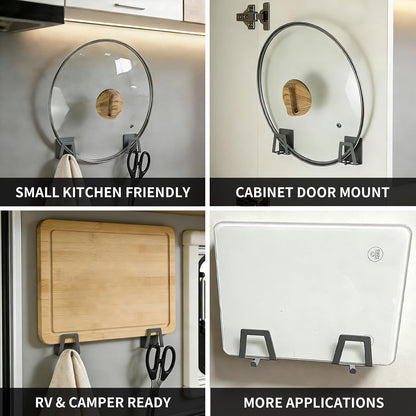 4 Pack Pot Lid Holders with Hook, Pot and Pan Hangers for Kitchen Inside Cabinet Wall Mount Rack Cabinet Door Lid Organizer, Save More Space, Black