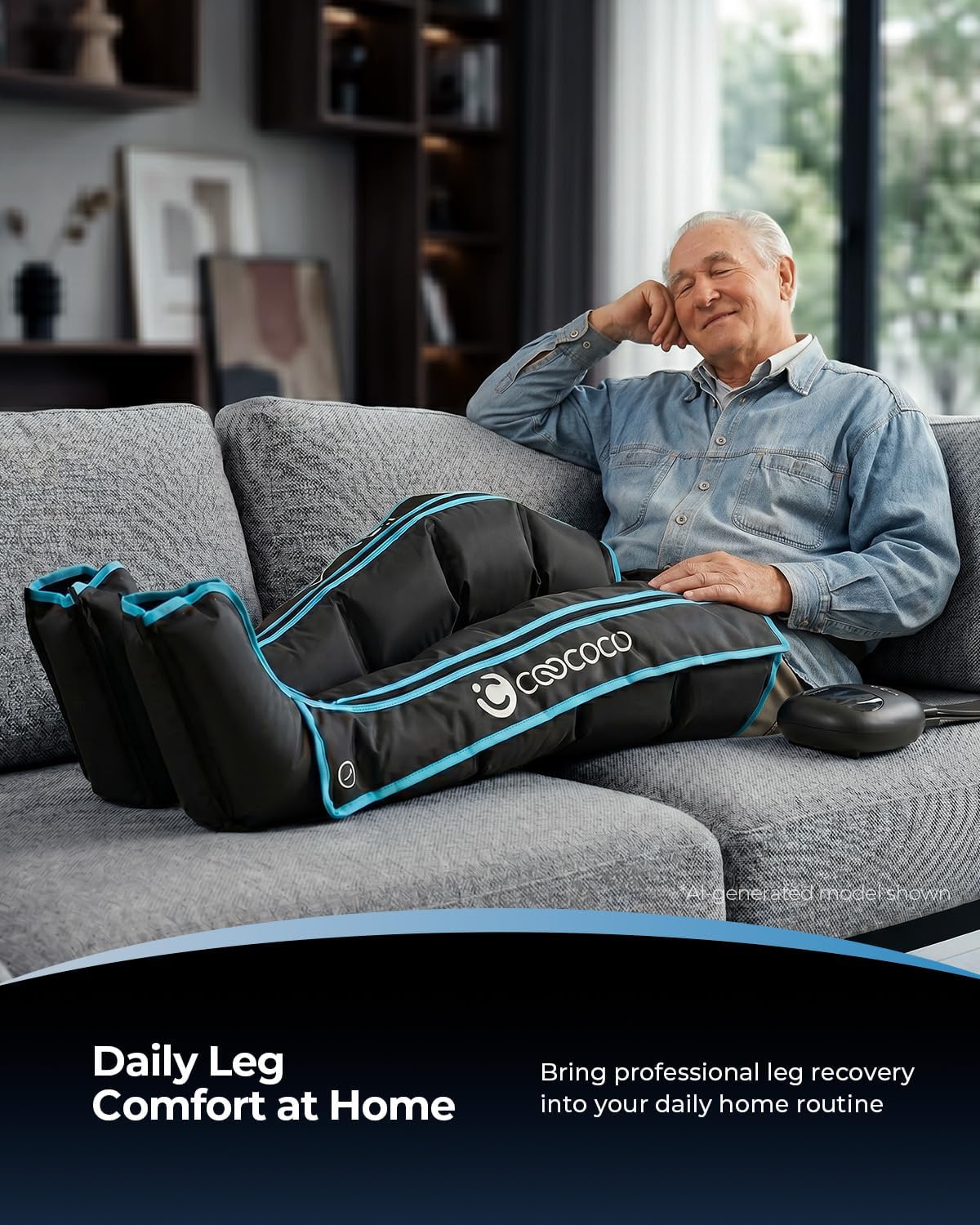 Cordless Leg Compression Massager with 12 Levels for Circulation | 3500mAh air compression boots for foot, calf & knee, 5-zone targeting, 4 timers, 6 modes, pain/edema relief, fit 30-in thighs