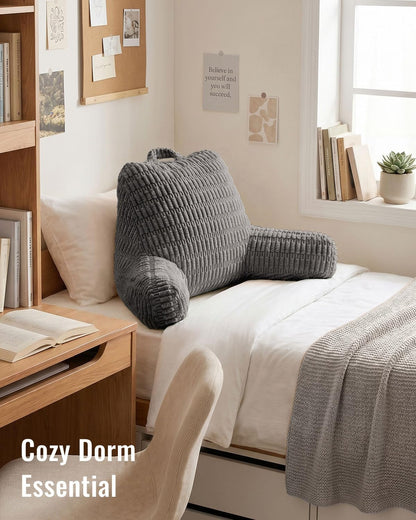 Blissful Diary Reading Pillow, Backrest Pillow with Shredded Memory Foam for Adult & Children, Designed for Bed and Couch Sitting Up, Includes Arms, Pockets and Washable Cover, Off White