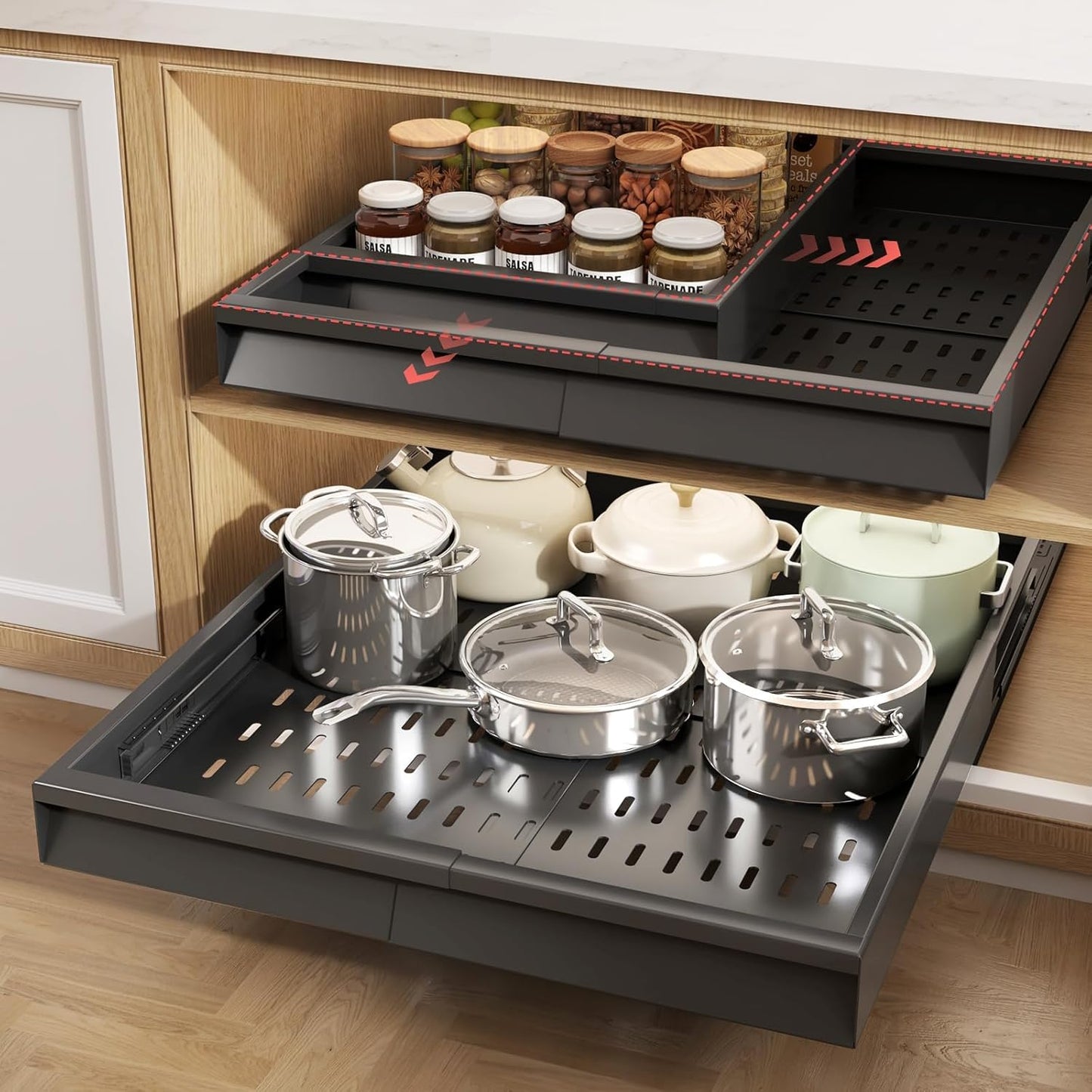 Seinloes Pull Out Cabinet Organizer, 4-Side Expandable to Fit Most Cabinets, 3 Rail Slide Out Drawers with Raising Pad for Framed & Frameless Cabinets, 13"-21" W x 17"-24" D, White, 2 Pack