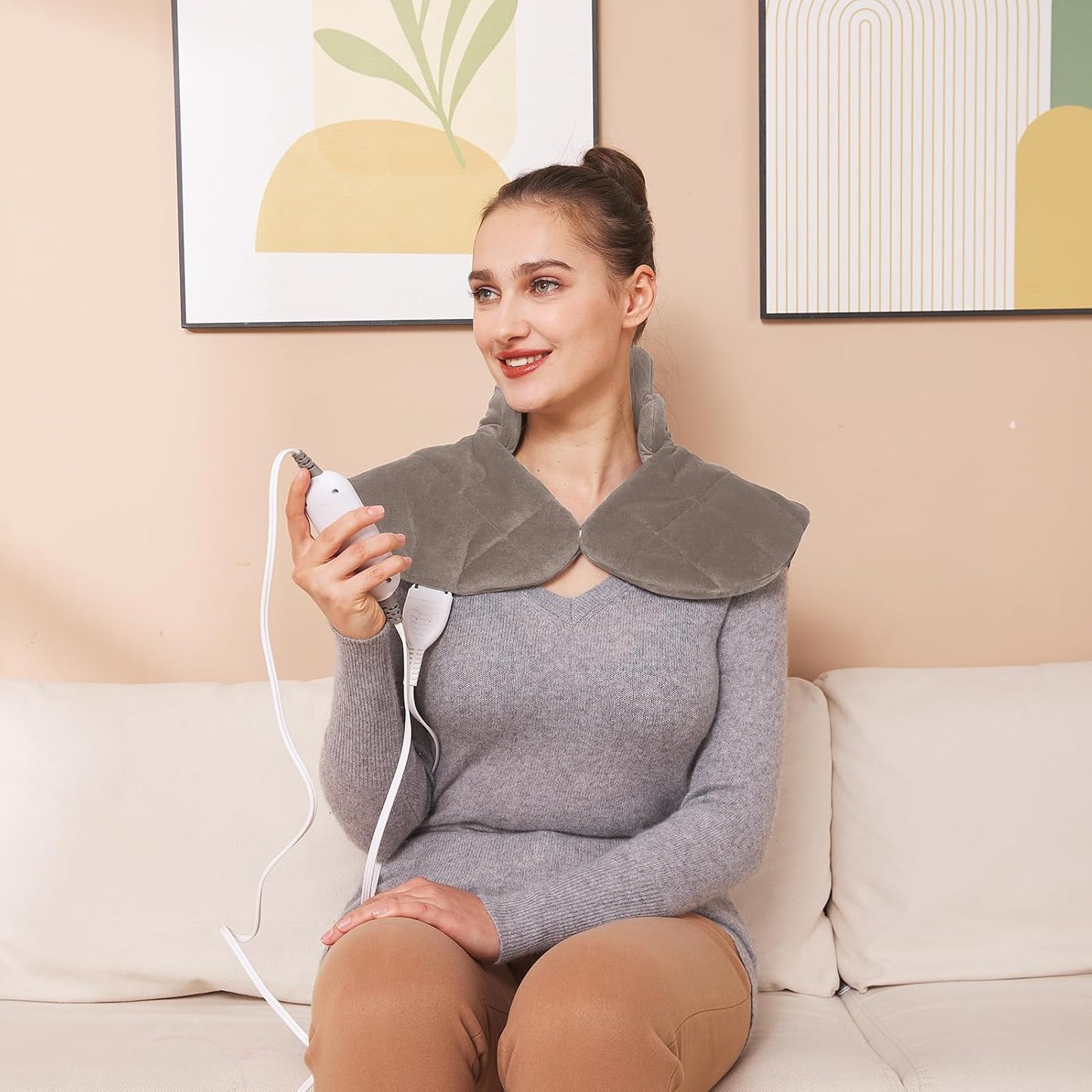 Ambershine 19''x24'' Weighted Neck & Shoulder Heating Pad, 2.5lbs with 12 Temperature Settings& 4 Auto-Off Timers, Pain Relief for Neck/Shoulder/Back(Gray&Blue)