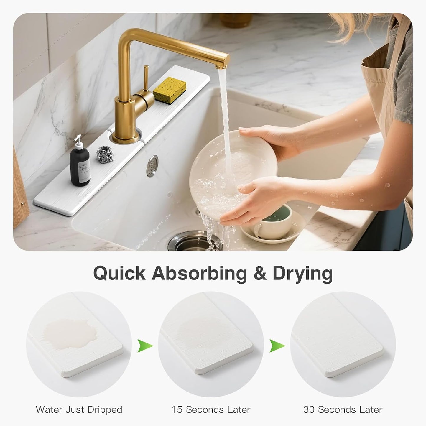 Premium Stone Faucet Mat for Kitchen Sink, 30" x 4" White | Quick Drying & Water Absorbent, Sink Splash Guard Tray for Prevents Moisture Buildup