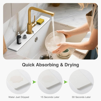 Premium Stone Faucet Mat for Kitchen Sink, 30" x 4" White | Quick Drying & Water Absorbent, Sink Splash Guard Tray for Prevents Moisture Buildup