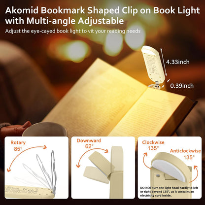 Akomid USB Rechargeable Book Light for Reading in Bed, 8 LEDs Bookmark Style Clip on, Eye-Cared Amber Light Mode for Kids, Blue Light Blocking, Stepless Dimming,Khaki