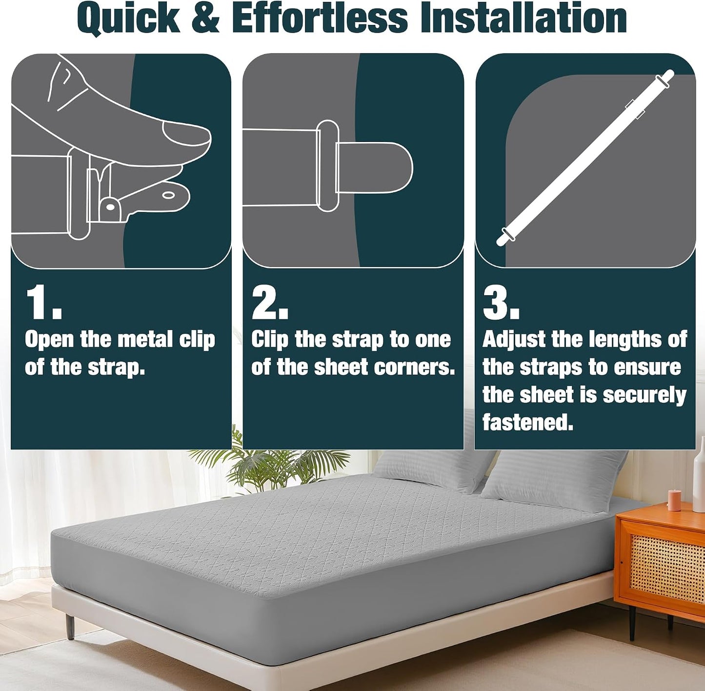 4 Pack Adjustable Elastic Straps with Metal Clips, Bed Sheet Fasteners, Bedding Suspenders for Mattress Covers, Bed Corner Holders and Keepers (White)