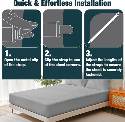 4 Pack Adjustable Elastic Straps with Metal Clips, Bed Sheet Fasteners, Bedding Suspenders for Mattress Covers, Bed Corner Holders and Keepers (White)