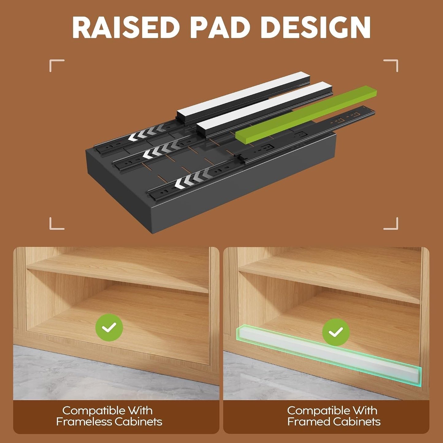 Seinloes 2Pack Expandable Pull Out Cabinet Organizer 21"Deep With Raising Pad for Framed Cabinets, Upgrade 3 Slide Rails Slide Out Drawers, Roll Out Shelves Adhesive,Adjustable Width 12.05"-20.4"White