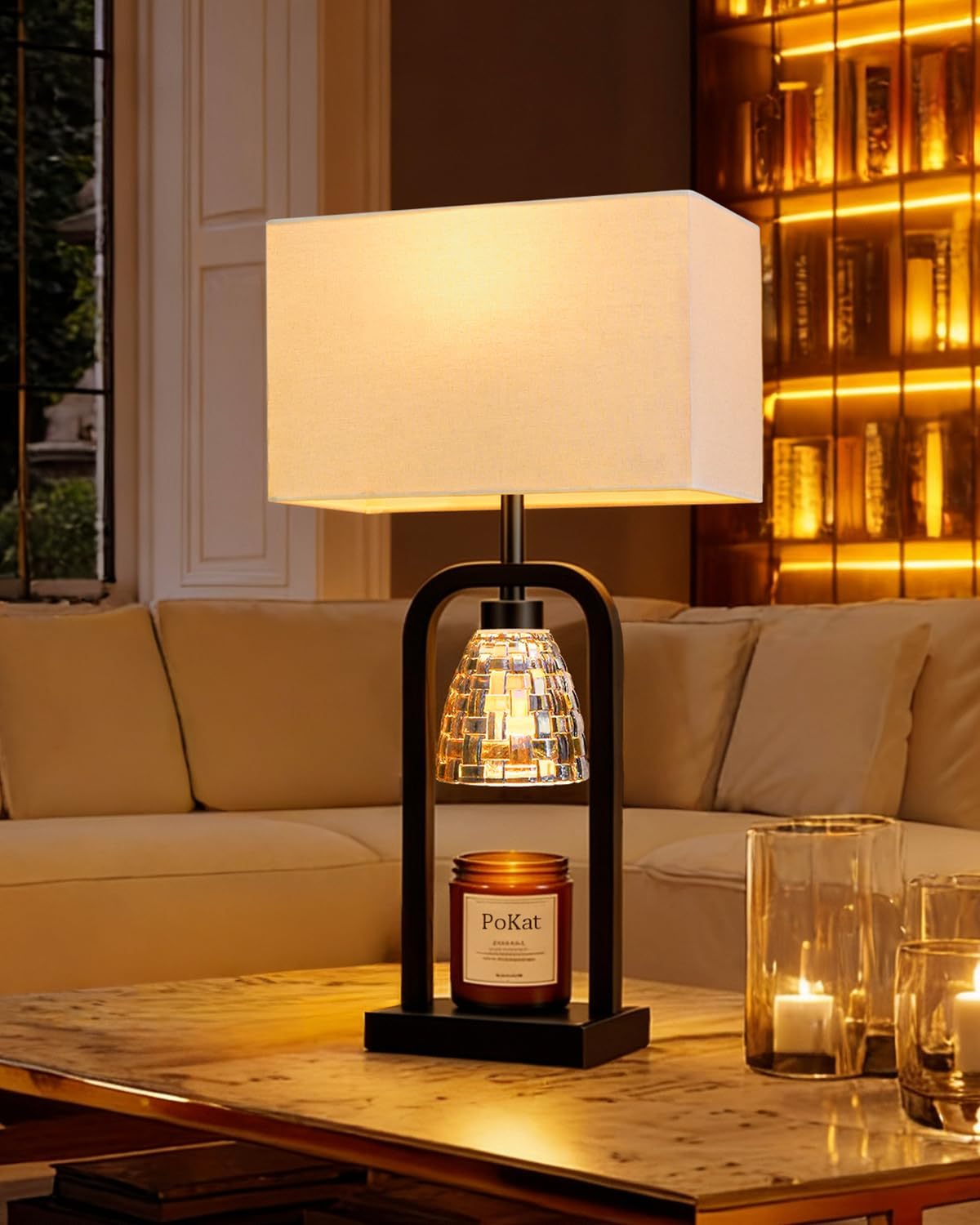 PoKat Gold Table Lamp Candle Warmer, Candle Warmer Lamp with Timer Dimmer, Wax Light Warming Table Lamp for Jar Candles, Modern Bedside Lamp for House Warming Home Decor Living Room, Bulb Included
