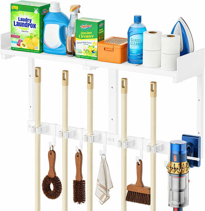 27" Mop and Broom Holder Wall Mount with Top Storage Shelf & Hooks,Black | Mop Hanger Wall Mount, 5 Grippers, 5 Hooks, Wall Organizer For Laundry Room, Garage And Kitchen