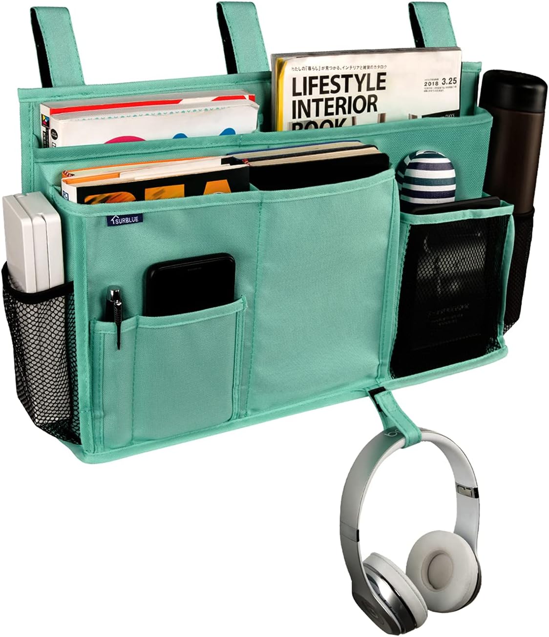 Surblue Bedside Caddy Hanging Organizer Storage Bag Pocket for Bunk, Hospital, College Dorm Rooms, Baby Bed Rails, Camp - 4 Pockets, 2 Hooks (Blue)