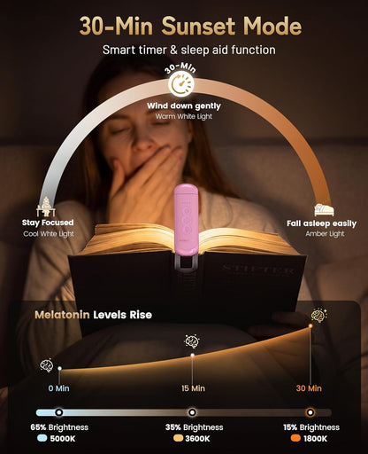HIONXMGA Book Light Rechargeable, Eye-Care Clip on Reading Light for Books in Bed, 3 Color & Stepless Dimming, 140H Long Lasting Book Lights for Reading at Night, Gifts for Book Lovers(Black)