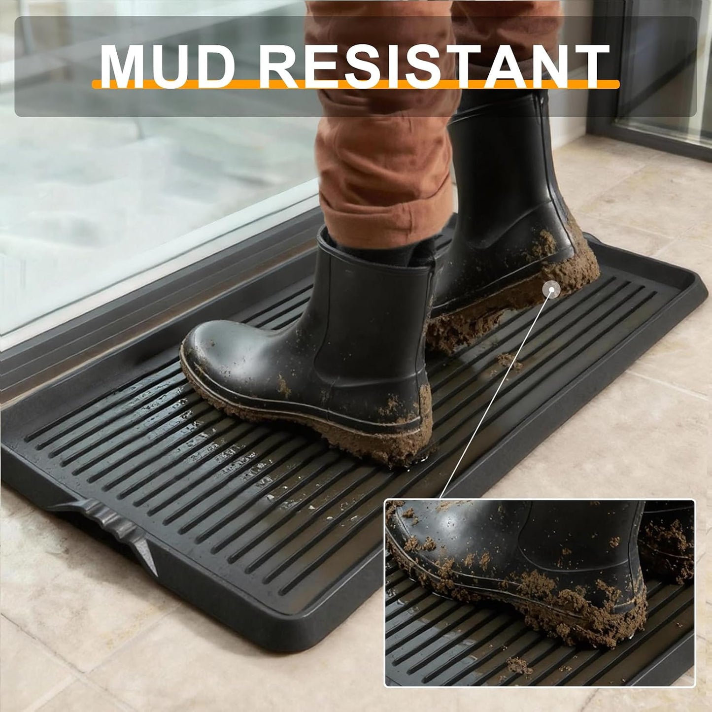 BEHERO Boot Tray Shoe Mat, Rubber Shoe Matt Tray Indoor/Outdoor Use, 16" x27.5" Shoe Cleaning Mat Non-Slip with Raised Edge for Entryways, Decks, and Patios (Black)