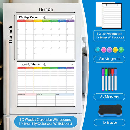 MaxGear 4 Pack Magnetic Dry Erase Board Calendar for Fridge, 15" x 11.5" | Strong Magnetic, Easy to Write and Clean, Dry Erase and No Stains, Includes List, Small Board, 5 Markers,5 Magnets,1 Eraser