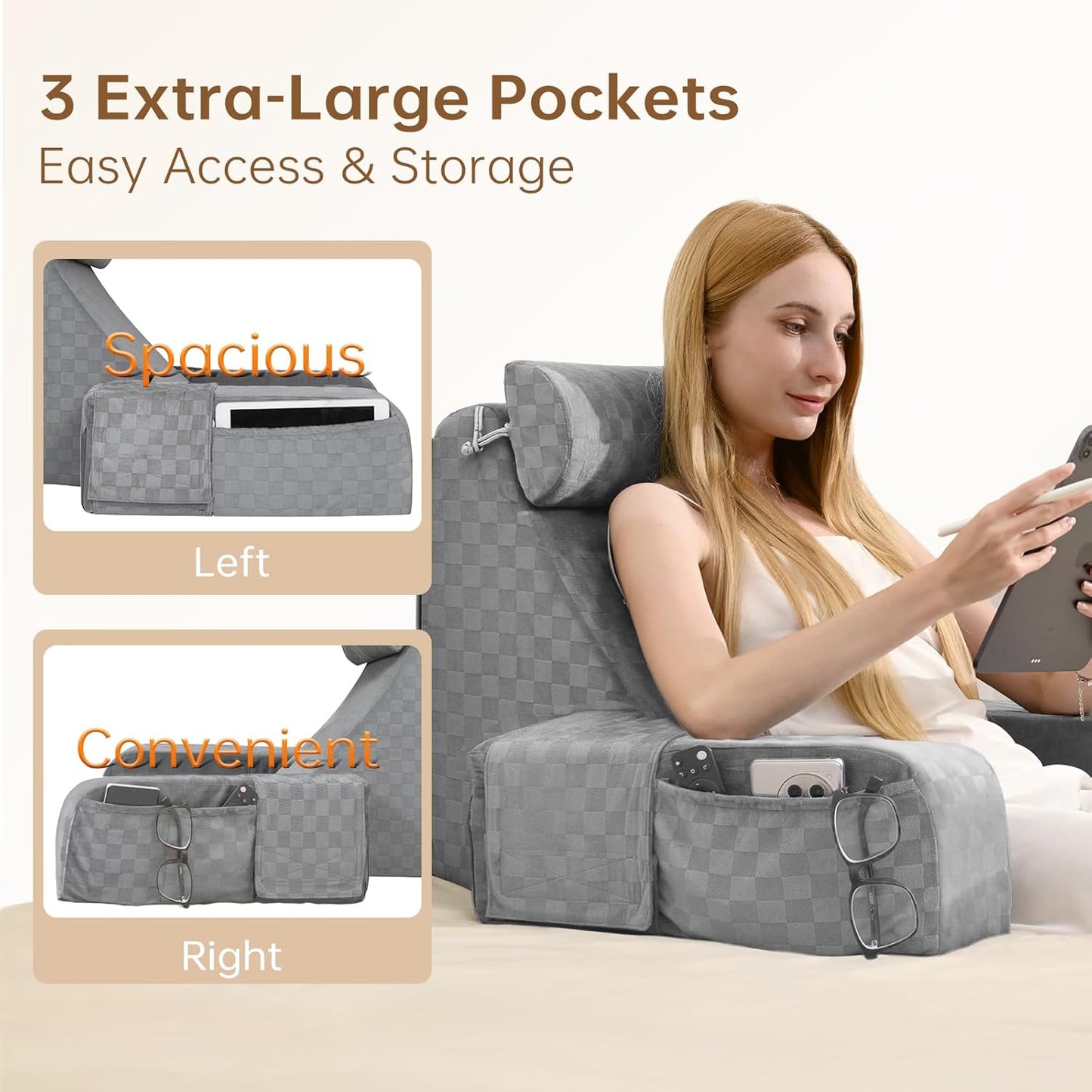 Vekkia 19'' Reading Pillow for Adults with XL Side Pockets, Adjustable Arms | 45° Back Support Chair for Sitting in Bed, Washable Cover, Perfect for Gaming, Watching TV, Relaxing, or Recovery, Gift Idea