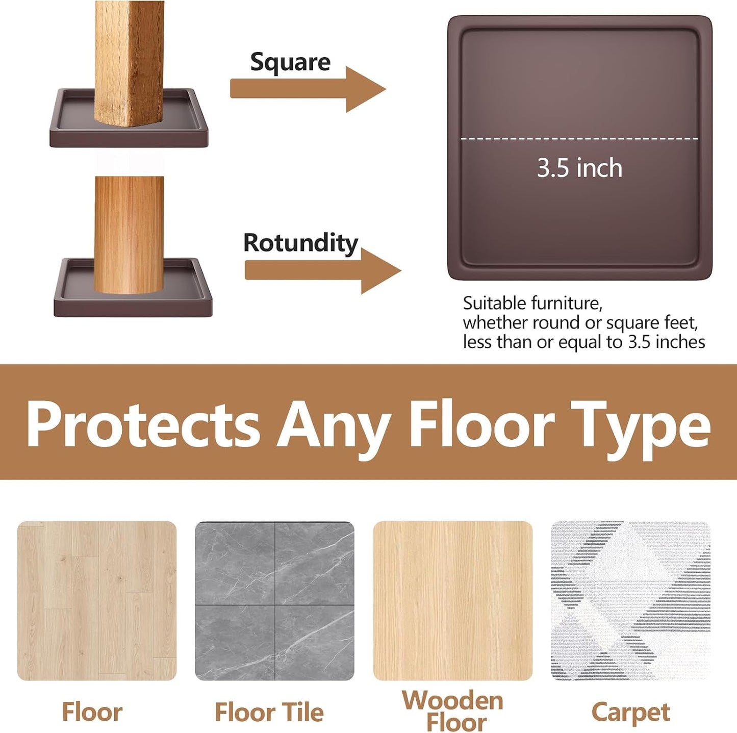 12Pcs 2.5in Furniture Coasters Non-Slip Bed Leg Pads Round Rubber Anti Sliding Caster Cups for Hardwood Floors Brown