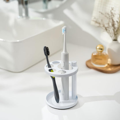 Metal Toothbrush Holder Stand for Bathroom: Stainless Steel Ventilated Organizer with Slots for Electric Toothbrushes, Toothpaste, Razors & Small Comb, Unique Footprint Base Design, Black