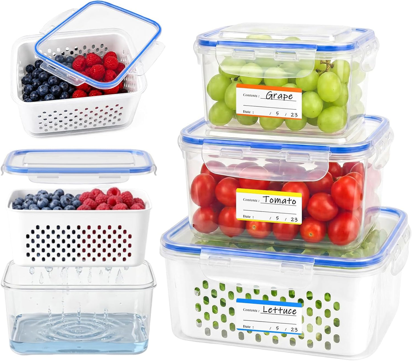 3 Pack Fruit Storage Containers for Fridge with Removable Colander,Airtight Produce Storage Containers with Lids Label Sheets, BPA-Free Berry Keeper for Fruit, Salad, Berry, Fresh(29oz+59oz+112oz)