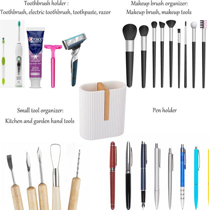 Toothbrush Holders for Bathroom, Bamboo Electric Toothbrush Stand, White | Toothbrush and Toothpaste Organizer for Sink Countertop, Bathroom Storage Stand for Brushing Accessories