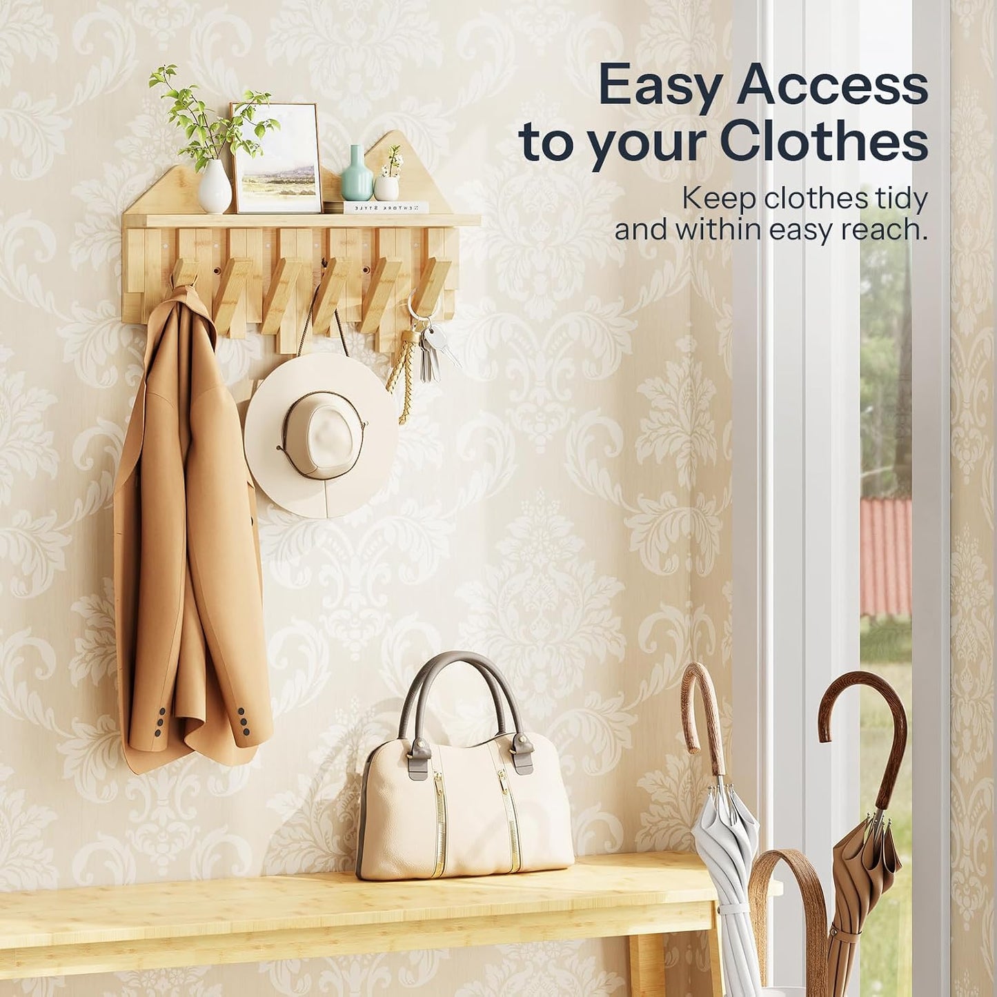 HOOBRO Wall Hooks with Shelf, Coat Rack with Shelf Wall-Mounted, Entryway Wall Key Holder, Hat Rack for Walls, Purse Hanger for Wall, Entryway Hanging Shelf with 6 Retractable Pegs, Black BK46YM01