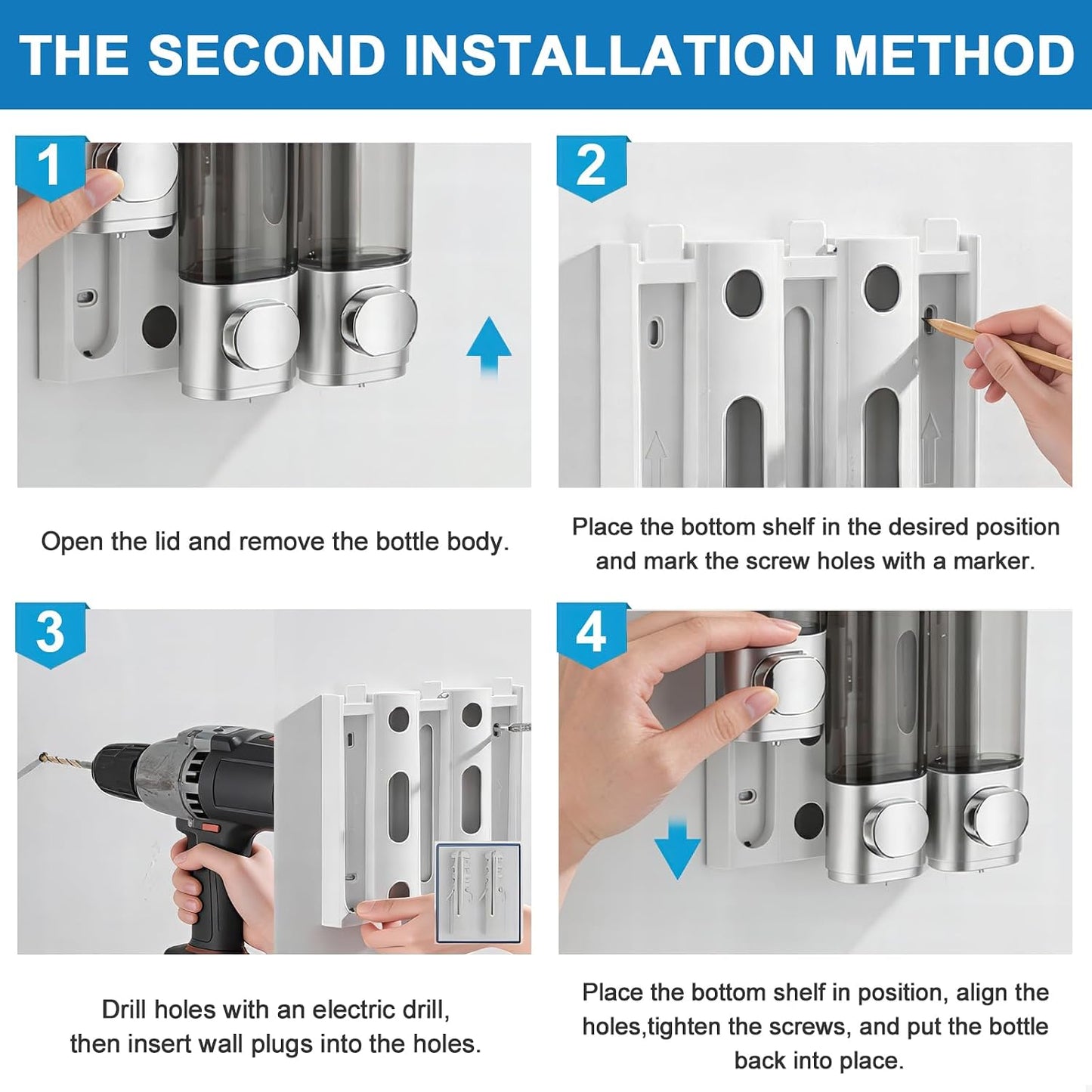 GMISUN Shower Soap Dispenser Wall Mounted with Razor Holder & Loofah Hook, No Drill Design Shampoo and Conditioner Dispenser, Plastic Shower Soap Dispenser Bottles with Labels Set of 3,Satin Silver