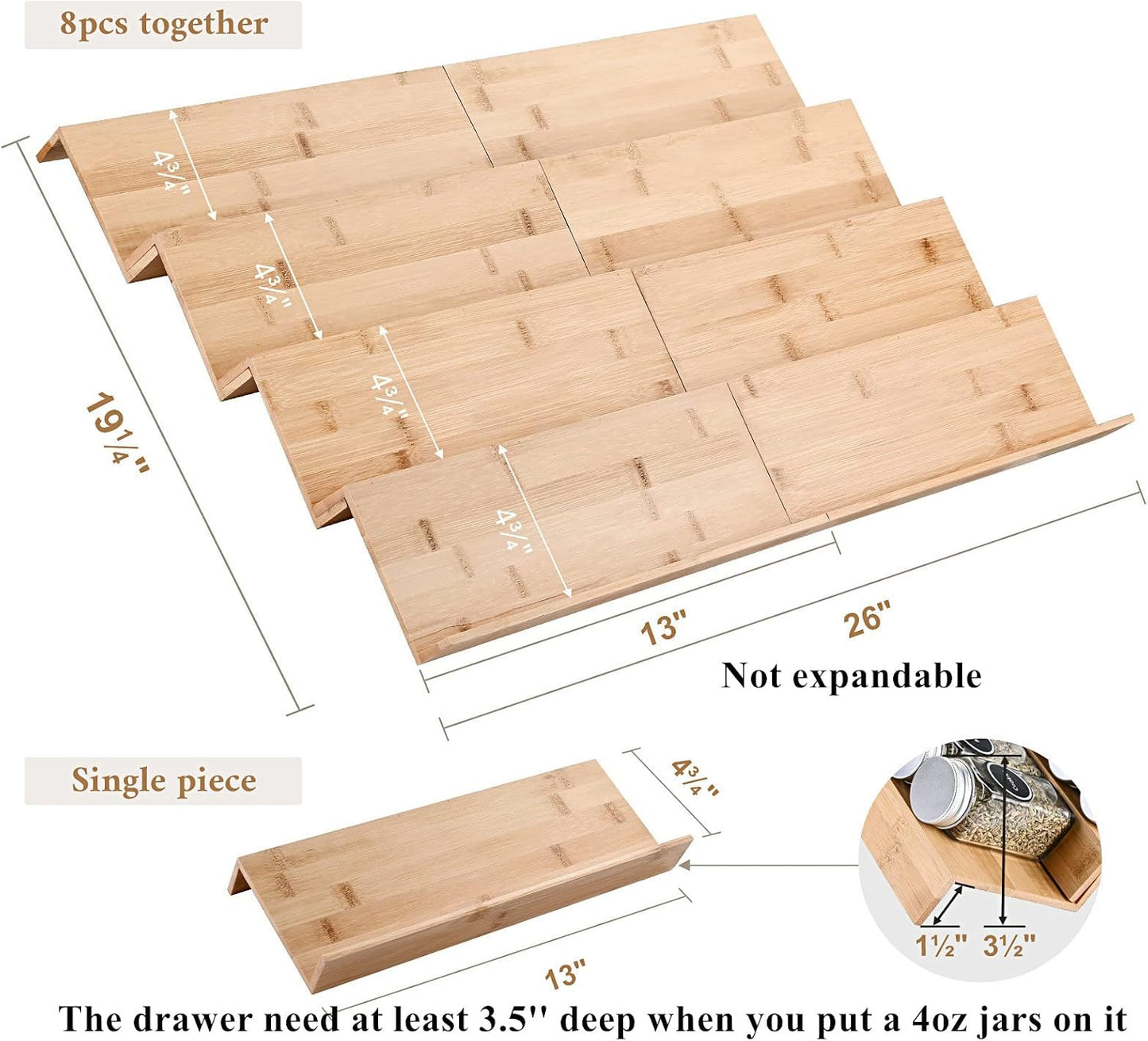 Bamboo Spice Rack Tray - Spice Drawer Organizer for Kitchen Cabinets Storage and Organization (Jars Not Included, 8 Individual Pieces, Not Adjustable)