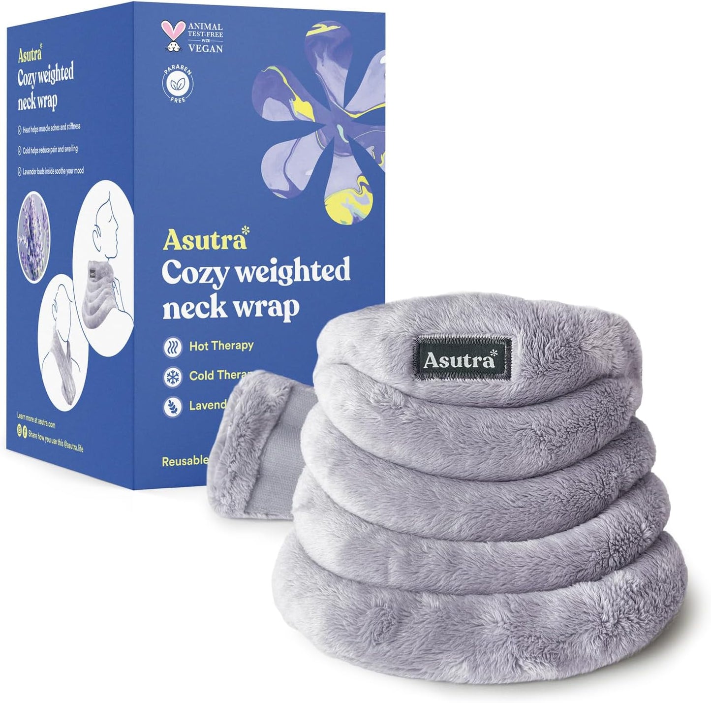ASUTRA Weighted Neck Wrap, Plush Gray | Microwaveable Heating Pad for Neck and Shoulders, Hot and Cold Compress, Lavender Aromatherapy