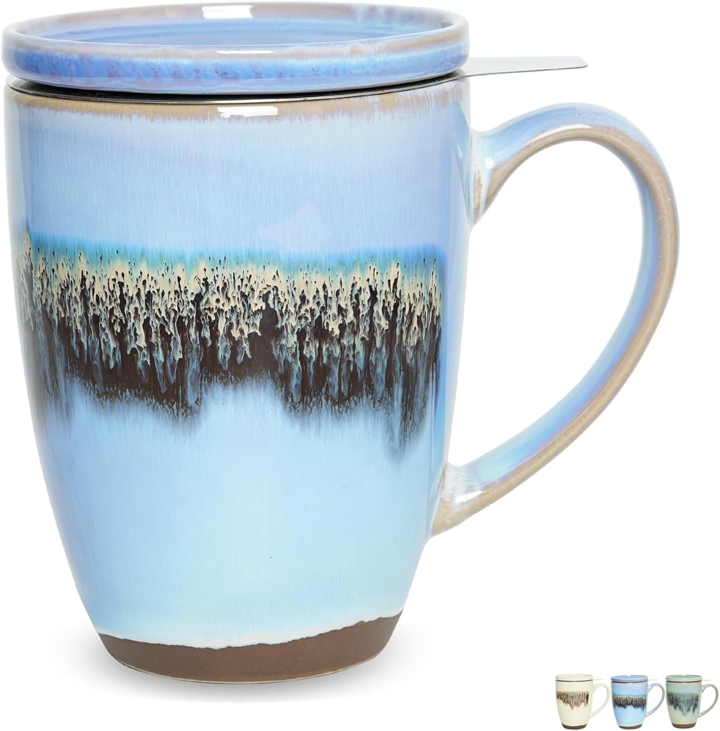 Bosmarlin Ceramic Tea Cup with Infuser and Lid, 13.5 Oz, Loose Leaf Tea Steeper Mug with Strainer, Microwave and Dishwasher Safe, Reactive Glaze (13.5 Oz, Pale Green)