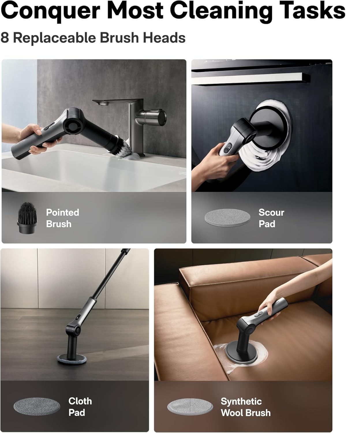 HOTO Flexi™ Cordless Electric Spin Scrubber, for Bathtub, Bathroom, Tile | Adjustable Angle, Extendable Handle, Smart Display, IPX7 Waterproof, Powerful Cleaning Scrubber with 8 Brush Heads