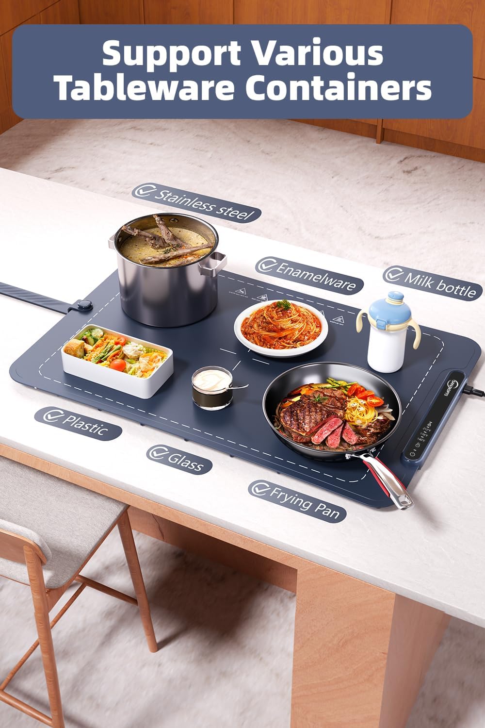 Food Warming Mat - Electric Warming Tray,Tempmaster Adjustable Warming Tray,Elevated Feet Protects Table, Roll-Up Buffet Hot Plates Heat Pad, Portable Food Warmer for Parties and Travel (Beige)