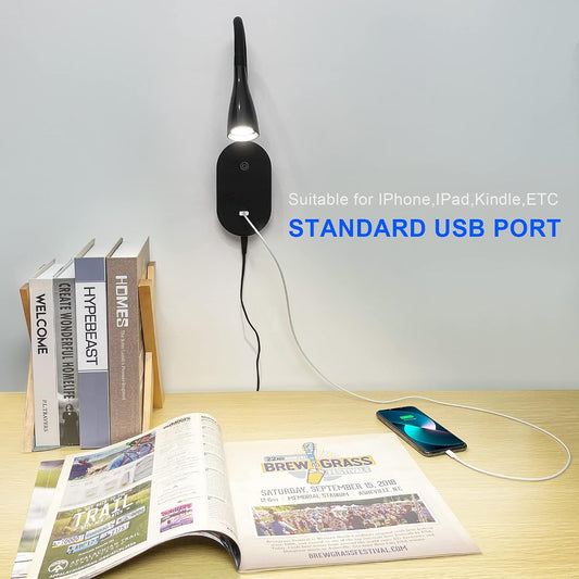 Wall Mount Reading Light, Focused Book Light for Reading in Bed, 5 Dimming, USB Output, 4 Hours Auto Off, Touch Control, Flexible Gooseneck Headboard Reading Lamp, Easy to Install White | Focused bedside light with touch dimming, flexible gooseneck, USB