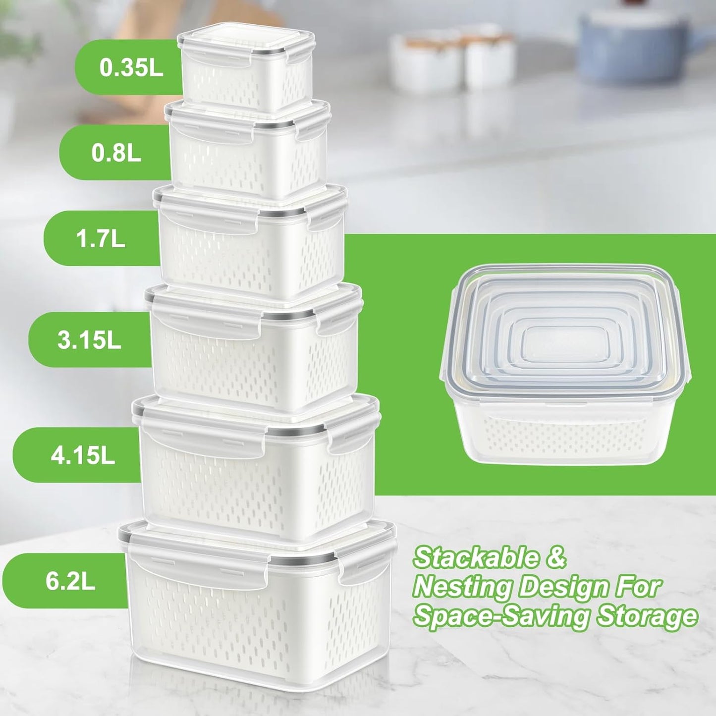 TBMax Fruit Storage Containers for Fridge Organizers and Storage, 4 Pack Large Produce Saver with Airtight Lid & Colander for Berry Lettuce Salad Vegetable Storage, Refrigerator Organizers
