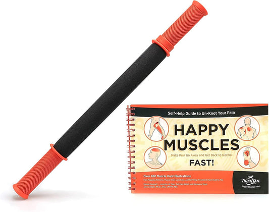 Tiger Tail Bundle: 18in Portable Massage Stick Portable Roller + Happy Muscles Book