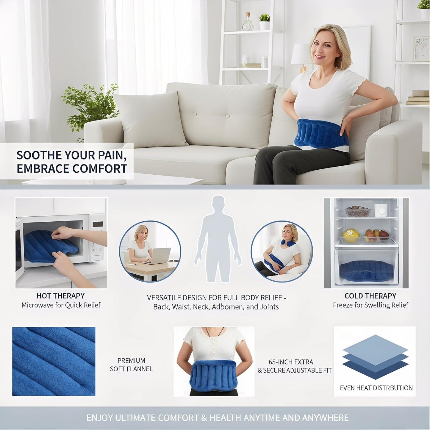 Fiyelep Microwavable Flaxseed Heating Pad, Hot Cold Reusable Therapy Wrap, Multi-Chamber Even Warmth, Soft Flannel Cover, Flexible Pack for Neck Shoulder Back Abdomen, Navy Blue