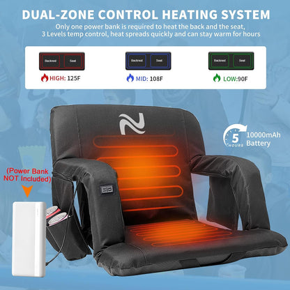 Wide Heated Stadium Seat for Bleachers w/Back Support & Cushion | 5-Position Adjustable Heated Stadium Seat with Armrests, 3 Heat Levels, Anti-Slip, Side Pockets, Backpack Straps (No Battery)