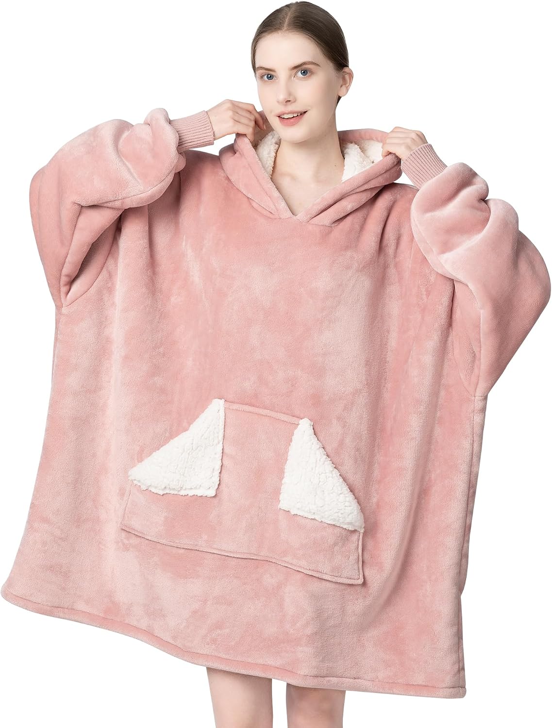 Wearable Blanket Hoodie, Oversized Sherpa Fleece Sweatshirt Blanket with Giant Hood Pocket and Sleeves for Adult, Warm & Cozy Grey Blanket Gifts for Women
