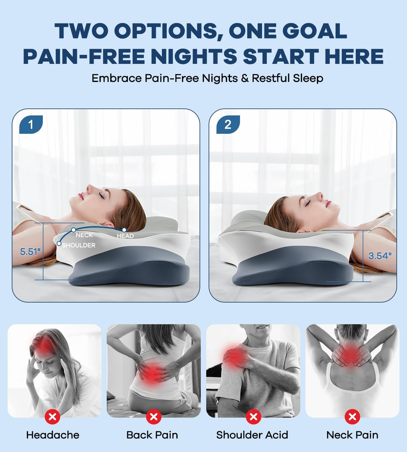 DONAMA Contour Cervical Neck Pillow for Neck Pain Relief | Queen,Ergonomic Dual-Height,Odorless Memory Foam,Side/Back/Stomach Sleepers,Cooling Hypoallergenic Cover,OEKO-TEX Certified