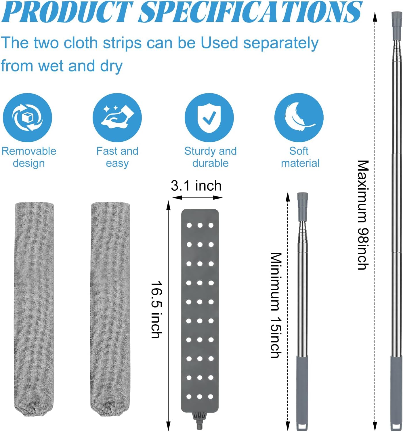 Retractable Gap Dust Cleaner with 15-98 Inch Extension Pole, Flat Duster for Under Appliances and Furniture, Includes 2 Washable Microfiber Pads for High Ceilings and Hard to Reach Spaces
