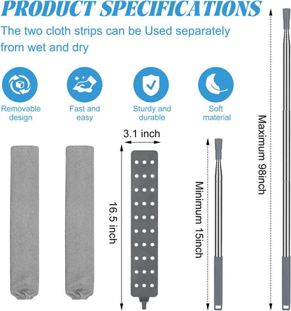 Retractable Gap Dust Cleaner with 15-98 Inch Extension Pole, Flat Duster for Under Appliances and Furniture, Includes 2 Washable Microfiber Pads for High Ceilings and Hard to Reach Spaces