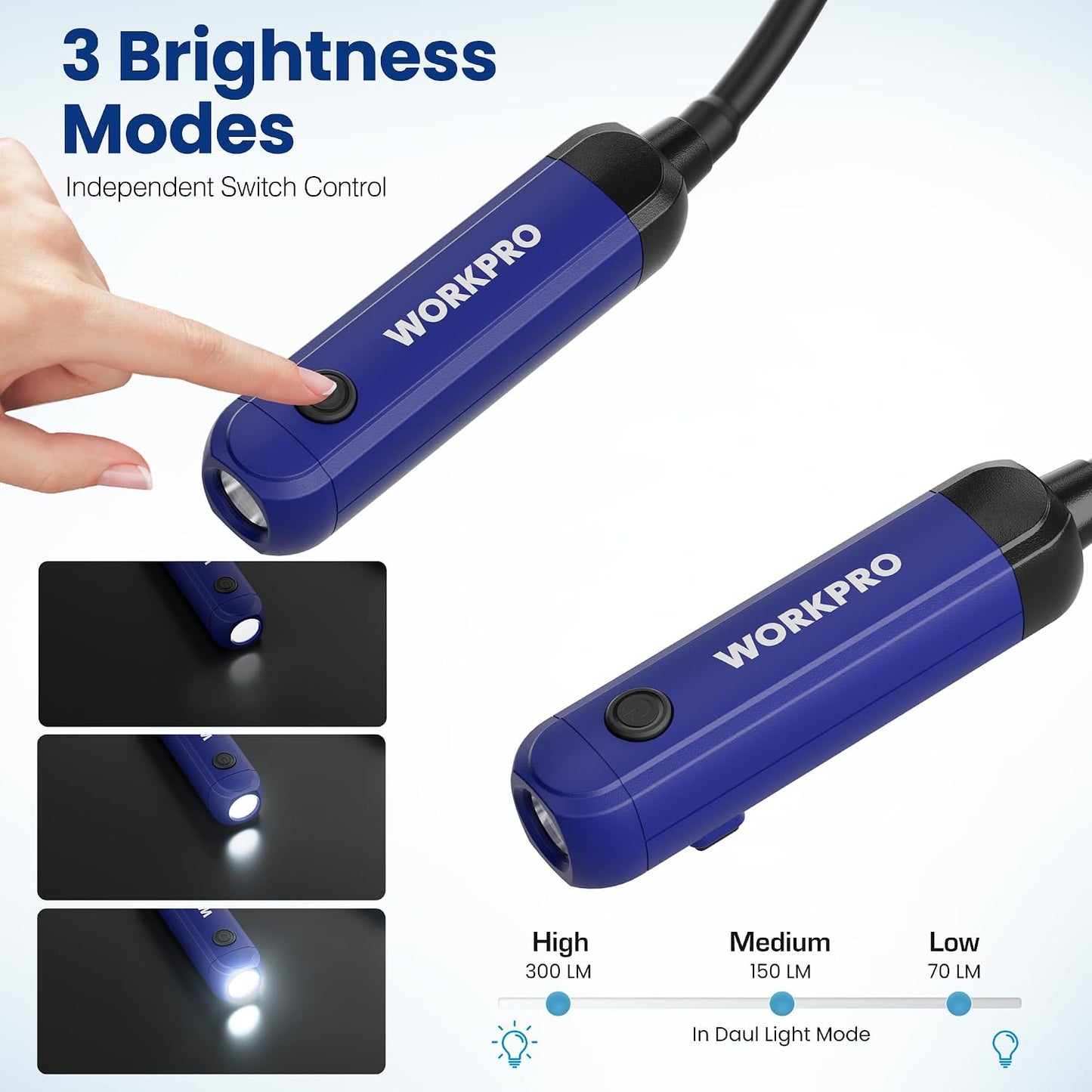 WORKPRO Rechargeable Neck Light, 3 Brightness Hands-Free Neck Work Light | Hands-Free Bendable Silicone Arm, Neck Flashlight Lamp, for Mechanics, Camping, DIY Projects, Crafting, Blue and Black