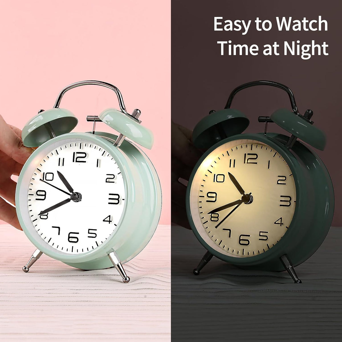 pxy Loud Alarm Clock for Heavy Sleepers 3D Dial Battery Operated (Battery Include), 4" Super Silent Analog Alarm Clock for Kids with Night Light PT260 Silver OrangePT505 Green White