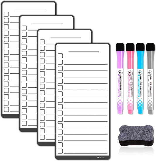 ALEZEL Magnetic to Do List White Board for Fridge | Multifunctional Dry Erase List Board for Refrigerator, Set of 4 Magnetic Grocery Checklist Whiteboards, 4 Markers + Eraser
