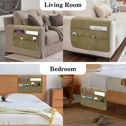Couch Armrest Organizer Remote Control Holder Bedside Caddy with 6 Pockets, Non-Slip Armchair Caddy Sofa Armrest Organizer for Tv Remote Control, Magazine, Cell Phone, Beige