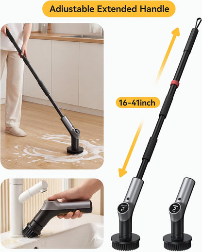 Electric Spin Scrubber for Bathroom,IPX7 Cordless Cleaning Brush with 6 Replaceable Brush Heads,120 Mins Runtime Power Shower Scrubber with Adjustable Extension Handle and Durable Brush Head for Tub